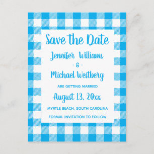 Ländliches Karo Blau Gingham Rustikal Save The Dat Postkarte