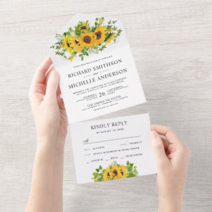 Ländliches Land-Sonnenblumen-Blumenstrauß-Hochzeit All In One Einladung