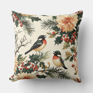 Ländliches Liedvogel-Winter-Cream-Rot-Botanik Kissen