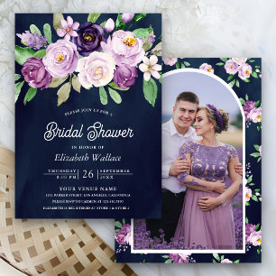 Ländliches lila Blumen-Foto Navy-Blau Brautdusche Einladung