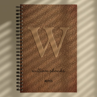 Ländliches Monogramm Gold-Schriftzug braunes Leder Notizbuch