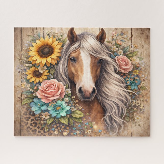 Ländliches Pferd mit Blumen Puzzle (Horizontal)