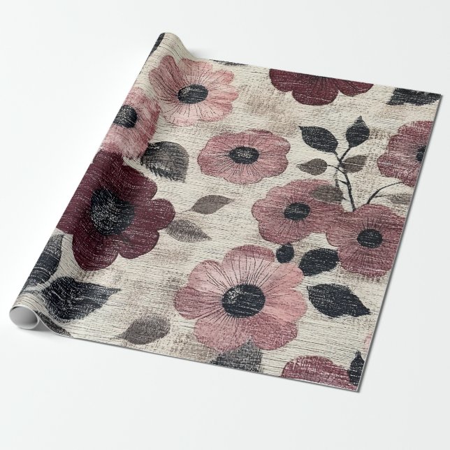 Ländliches Rosa Blumen-Leinen-Muster (7) Geschenkpapier (Ungerollt)