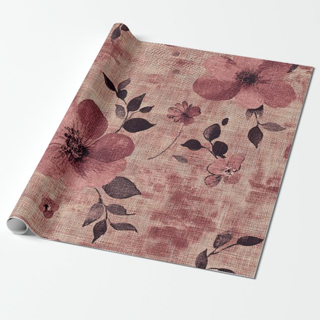 Ländliches Rosa Blumenleinwandmuster (2) Geschenkpapier (Ungerollt)