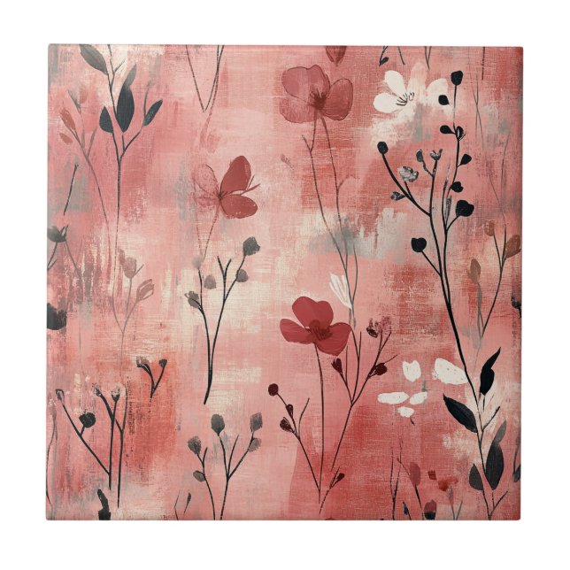 Ländliches Rosa Blumenleinwandmuster (9) Fliese (Vorderseite)
