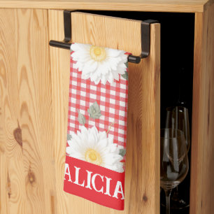 Ländliches rotes Gingham mit weißen Gänseblümchen Geschirrtuch