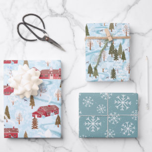 Ländliches rotes Scheunen-Land-Winter-Weihnachten Geschenkpapier Set