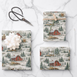 Ländliches, schneebedecktes Bauernhaus-Wintermuste Geschenkpapier Set