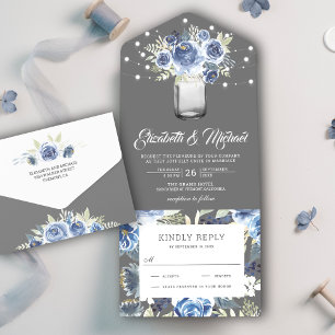 Ländliches Staubiges Blau Grau Florales Glas Einma All In One Einladung