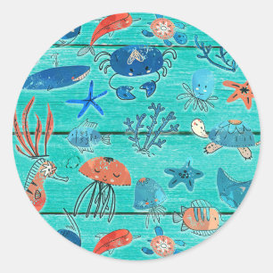 Ländliches Türkis-Holz & Unter dem Meer Freunde Wh Runder Aufkleber