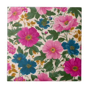 Ländliches Vintage-Blau- und Rosa-Blumenmuster Fliese