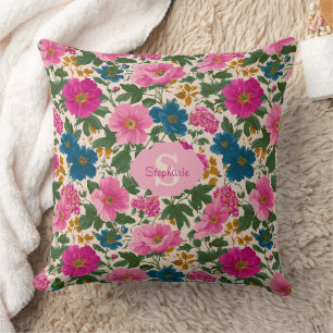 Ländliches Vintage-Blau- und Rosa-Blumenmuster Kissen
