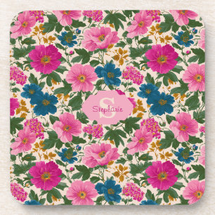 Ländliches Vintage-Muster mit blauen und rosa Blum Getränkeuntersetzer