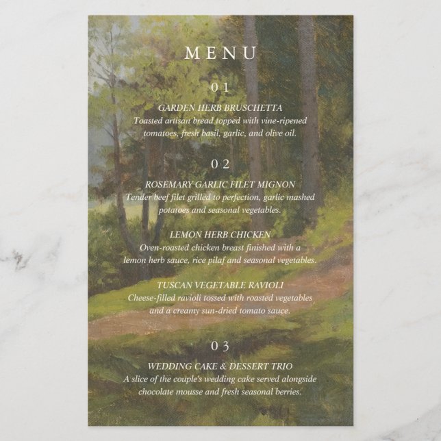 Ländliches Wald-Elegantes Hochzeitsmenü Flyer (Vorne)