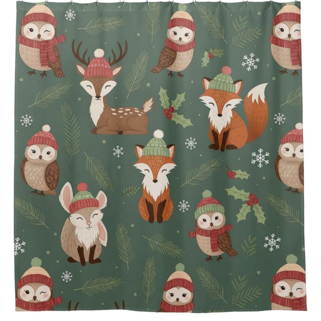 Ländliches Wald-Weihnachts-Tiermuster Duschvorhang (Vorderseite)