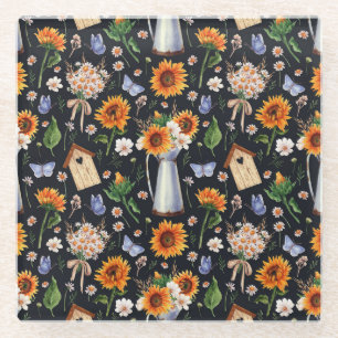 Ländliches Wasserfarben-Sonnenblumenmuster in sonn Glasuntersetzer