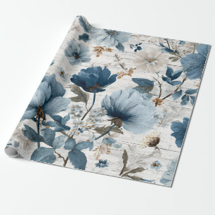 Ländliches Weiß Blau Botanisches Pastell Vintage F Geschenkpapier