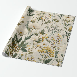 Ländliches Weiß Gelb Botanisches Vintage-Blumenmus Geschenkpapier