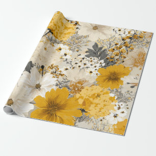 Ländliches Weiß Gelb Botanisches Vintage-Blumenmus Geschenkpapier