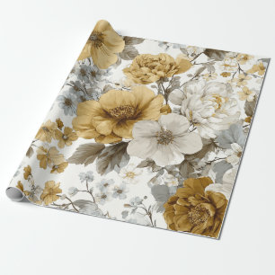 Ländliches Weiß Gelb Botanisches Vintage-Blumenmus Geschenkpapier