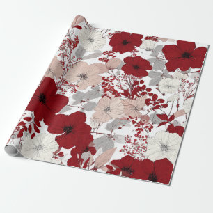 Ländliches Weiß-Rot-Botanisches-Pastell-Vintage-Bl Geschenkpapier