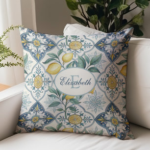 Ländliches Zitronenmuster mit Monogramm und Namen Kissen