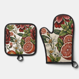 Ländliches Zitrus Blütenmeer Sommer Ofenhandschuh & Topflappen-Set
