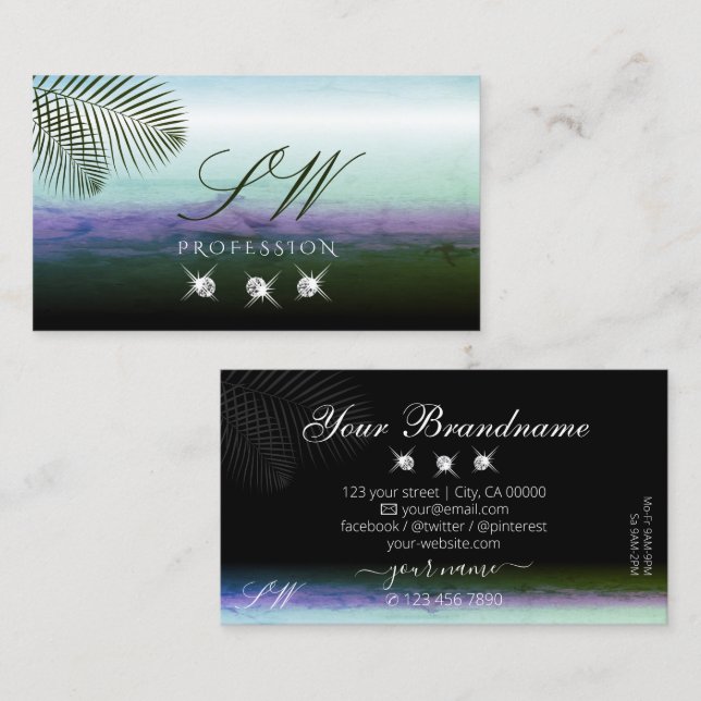 Landscape Wasserfarben Sparkling Diamonds Monogram Visitenkarte (Vorne/Hinten)