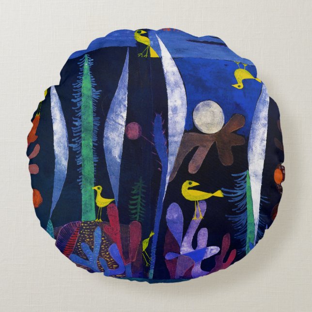 Landscape with Yellow Birds, Paul Klee Rundes Kissen (Vorderseite)