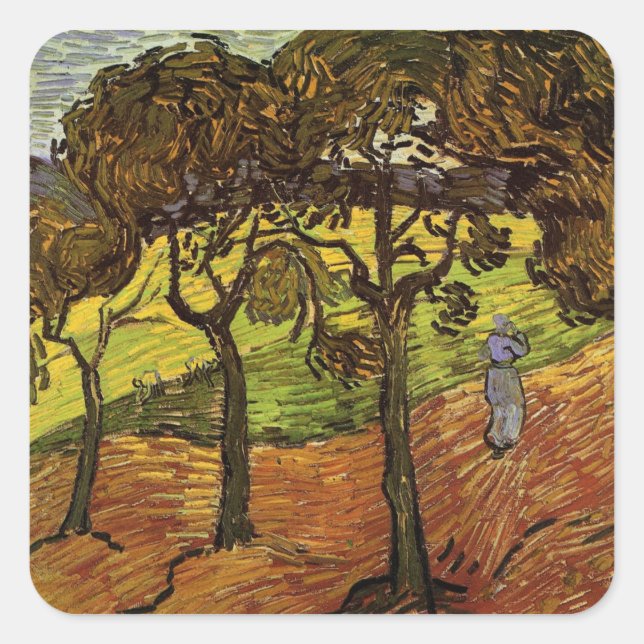 Landschaft, Bäume und Figuren von Vincent van Gogh Quadratischer Aufkleber (Vorderseite)