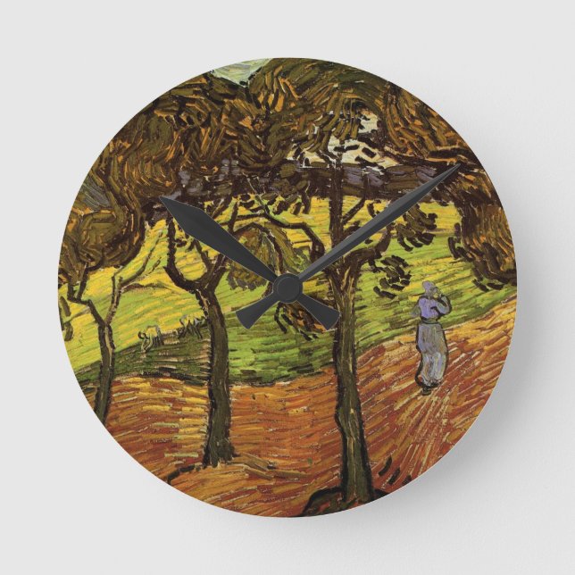 Landschaft, Bäume und Figuren von Vincent van Gogh Runde Wanduhr (Vorderseite)