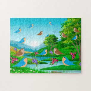 Landschaft Bäume Vögel Blume Natur, Alter 8 Puzzle