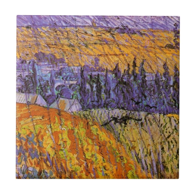Landschaft bei Auvers in Rain von Vincent van Gogh Fliese (Vorderseite)