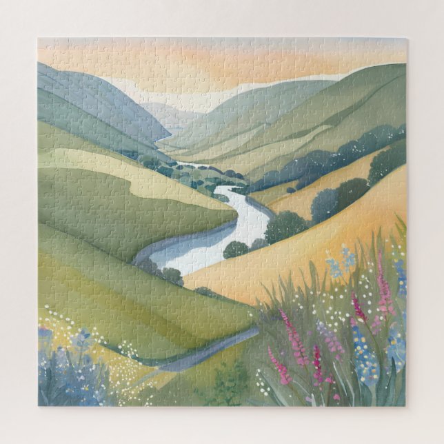 Landschaft der Rollhügel | Wasserfarbe Schöne Puzzle (Vertikal)