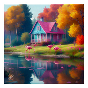 Landschaft des Sees, der Hütte und Flamingos Poster
