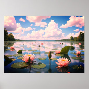 Landschaft des Sees mit Blume und rosa Wolken Poster