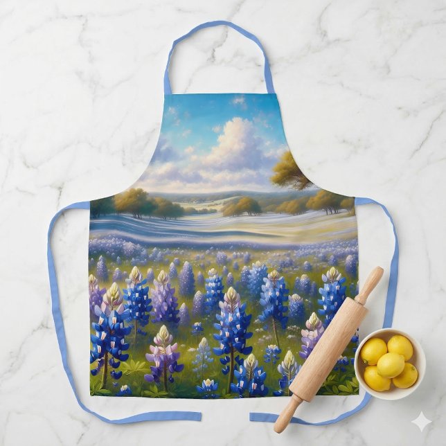 Landschaft einer Texas-Bluebonnet-Wiese Schürze (Texas Bluebonnet Meadow Landscape Apron On Marble Counter)