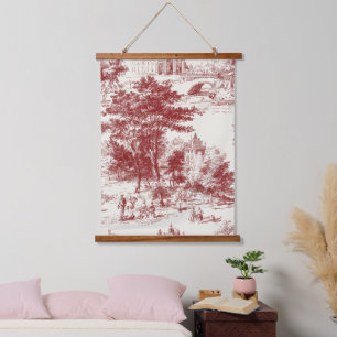 Landschaft im Vintage-Rot-Toile-Stil Wandteppich Mit Holzrahmen
