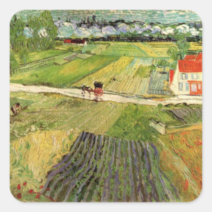 Landschaft, Kutsche und Zug von Vincent van Gogh Quadratischer Aufkleber