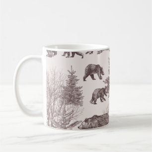 Landschaft mit Bären, Sträuchern, Winterbäumen und Kaffeetasse