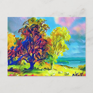 Landschaft mit Bäumen und Schafen Postkarte