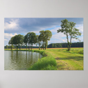 Landschaft mit Bäumen, Wasser und bewölktem Himmel Poster