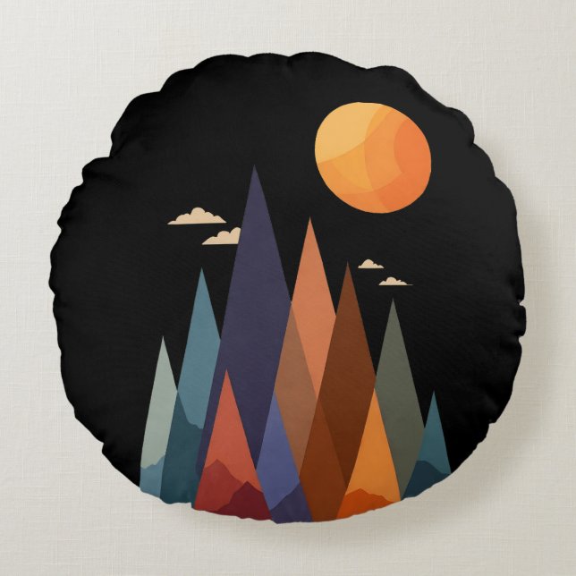 Landschaft mit Bergen und Sonne Rundes Kissen (Vorderseite)