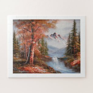 Landschaft mit Bergen und Wasserfall Puzzle