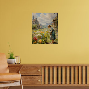 Landschaft mit Blume und einem Mädchen Leinwanddruck
