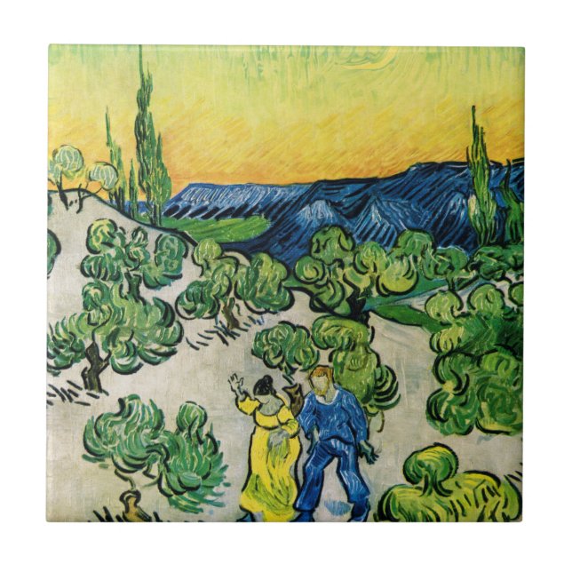 Landschaft mit Couple Walking von Vincent van Gogh Fliese (Vorderseite)