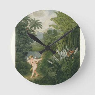 Landschaft mit Cupid, die einen Pfeil auf einen Pa Runde Wanduhr