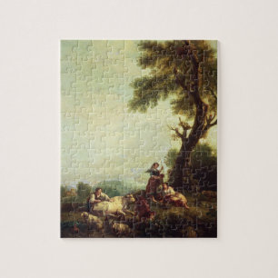 Landschaft mit den Bauern, die eine Herde des Puzzle