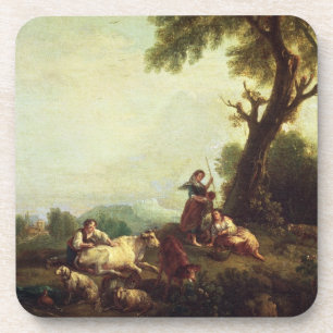Landschaft mit den Bauern, die eine Herde des Untersetzer