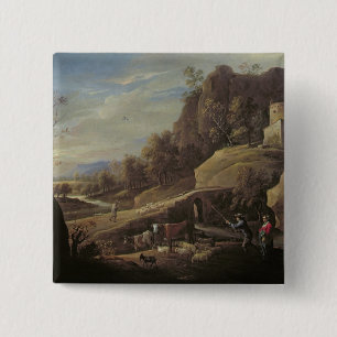 Landschaft mit den Bauern, die ihre Tiere neigen Button